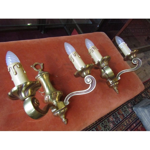 1048 - Pair of Twin Branch Cast Brass Side Wall Lights Each Approximately 10 Inches Wide x 8 Inches High