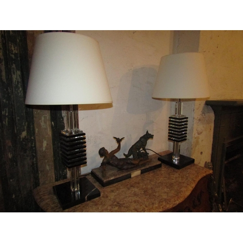 1050 - Pair of Generous Form Vintage Designer Table Lamps Marble and Crystal Each Electrified Working Order... 