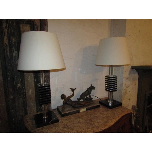 1050 - Pair of Generous Form Vintage Designer Table Lamps Marble and Crystal Each Electrified Working Order... 