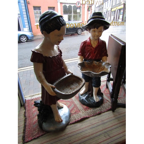 1052 - Pair of Antique Cast Iron Figures of Boy and Girl with Figural Bird Baths Each Approximately 32 Inch... 