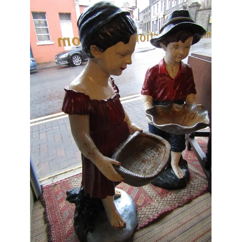 1052 - Pair of Antique Cast Iron Figures of Boy and Girl with Figural Bird Baths Each Approximately 32 Inch... 