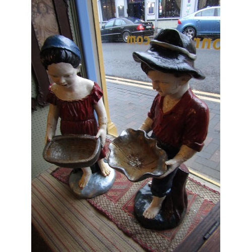 1052 - Pair of Antique Cast Iron Figures of Boy and Girl with Figural Bird Baths Each Approximately 32 Inch... 