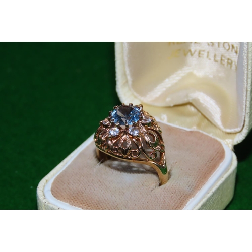 1054 - Aquamarine Centerstone Ladies Ring Mounted 9 Carat Yellow Gold Ring Size P and A Half