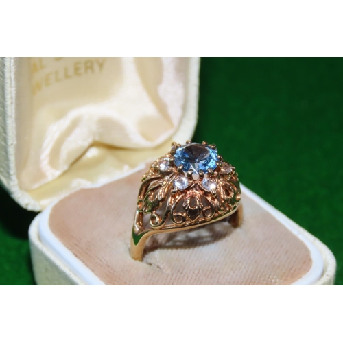 1054 - Aquamarine Centerstone Ladies Ring Mounted 9 Carat Yellow Gold Ring Size P and A Half