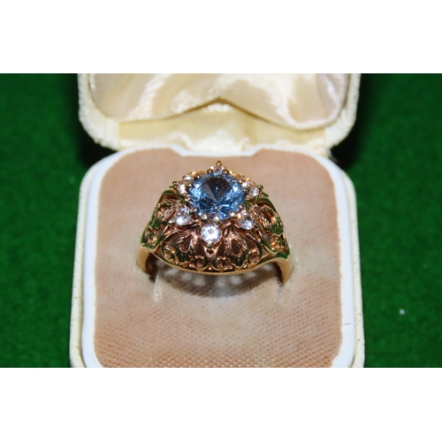 1054 - Aquamarine Centerstone Ladies Ring Mounted 9 Carat Yellow Gold Ring Size P and A Half