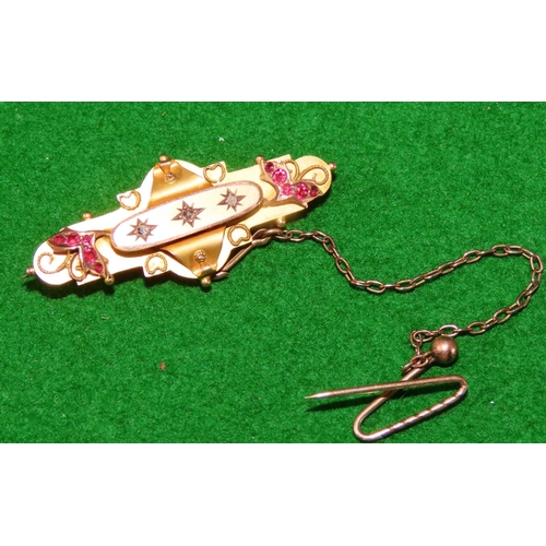 1066 - 9 Carat Yellow Gold Ladies Brooch Inset with Ruby and Diamond Decoration with Safety Pin Garnet Set