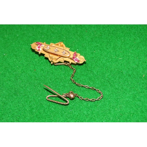 1066 - 9 Carat Yellow Gold Ladies Brooch Inset with Ruby and Diamond Decoration with Safety Pin Garnet Set