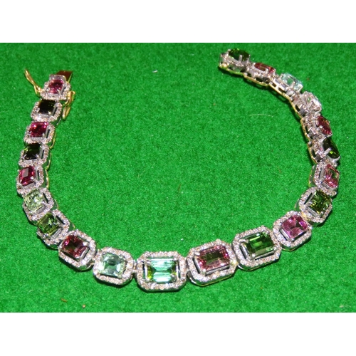 1068 - 9 Carat Yellow and White Gold Multi Gem Set Diamond Cluster Bracelet 19.5cm Long