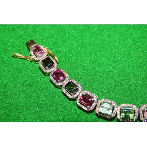 1068 - 9 Carat Yellow and White Gold Multi Gem Set Diamond Cluster Bracelet 19.5cm Long