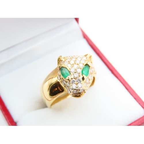 107 - Panther Motif Diamond and Emerald Ladies Ring Mounted on 18 Carat Yellow Gold Band Ring Size O