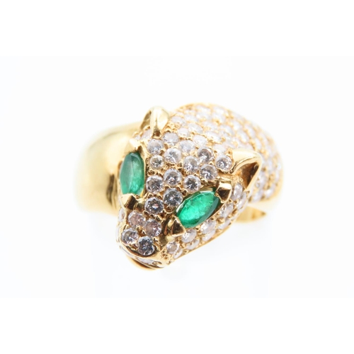 107 - Panther Motif Diamond and Emerald Ladies Ring Mounted on 18 Carat Yellow Gold Band Ring Size O