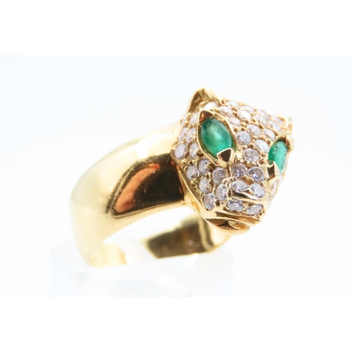 107 - Panther Motif Diamond and Emerald Ladies Ring Mounted on 18 Carat Yellow Gold Band Ring Size O