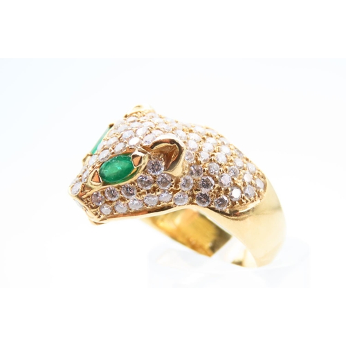 107 - Panther Motif Diamond and Emerald Ladies Ring Mounted on 18 Carat Yellow Gold Band Ring Size O