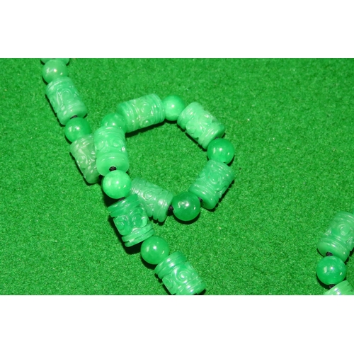 1072 - Carved Jade Ladies Strand Necklace of Good Length Silver Barrel Clasp 18 Carat White Gold 160cm Long