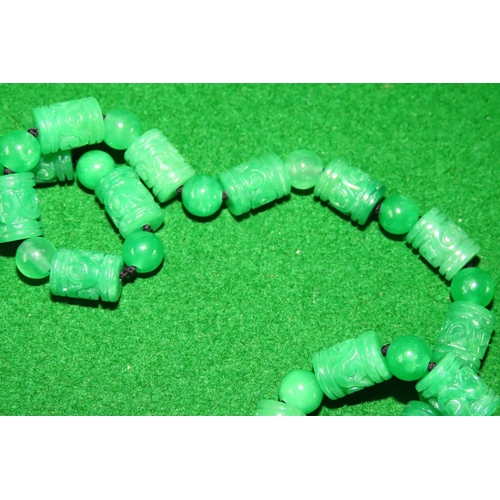 1072 - Carved Jade Ladies Strand Necklace of Good Length Silver Barrel Clasp 18 Carat White Gold 160cm Long