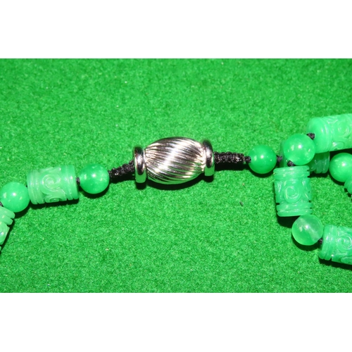 1072 - Carved Jade Ladies Strand Necklace of Good Length Silver Barrel Clasp 18 Carat White Gold 160cm Long