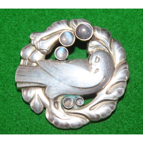 1077 - Vintage George Jenson Silver Brooch Avian Motif with Moonstone 5cm Diameter