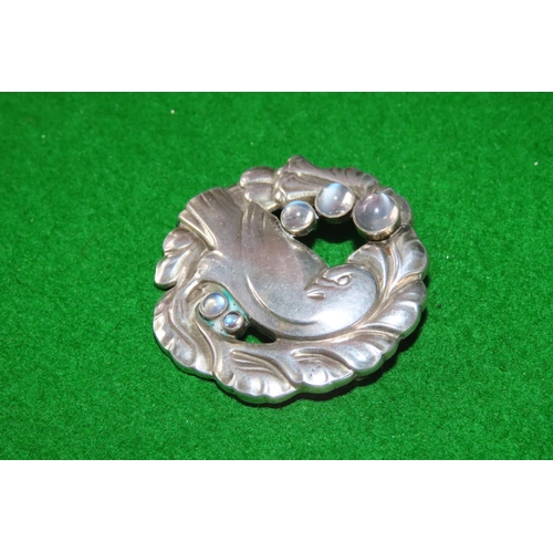 1077 - Vintage George Jenson Silver Brooch Avian Motif with Moonstone 5cm Diameter