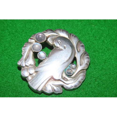 1077 - Vintage George Jenson Silver Brooch Avian Motif with Moonstone 5cm Diameter