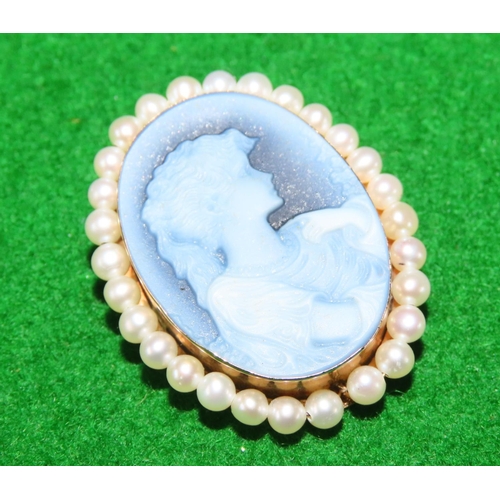 1078 - 14 Carat Yellow Gold Mounted Cameo Seed Pearl Set Outer Decoration 3cm High