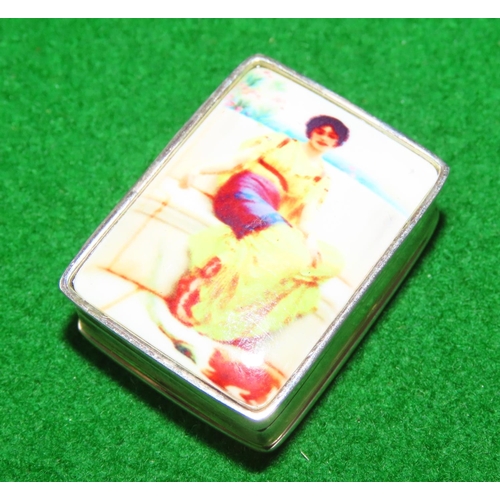 1080 - Silver Pill Box Rectangular Form with Decorated Hinged Cover Approximately 4cm Wide