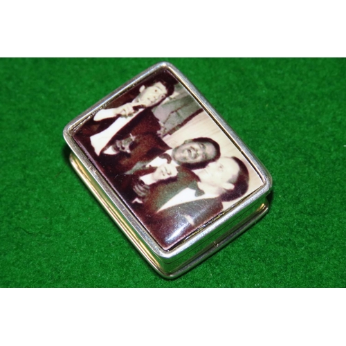 1081 - Silver Pill Box with Frank Sinatra, Dean Martin and Sammy Davis Junior Decorated Cover Hinged Top Ap... 