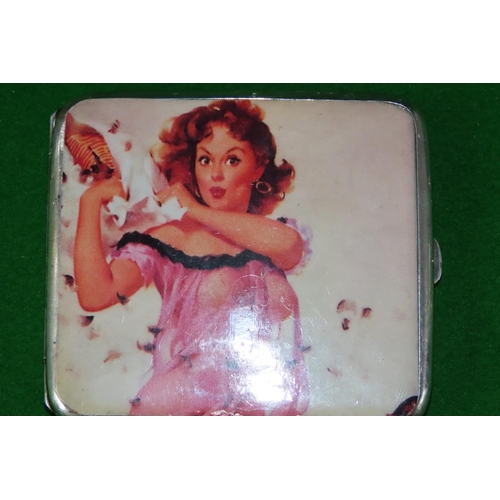 1085 - Silver Cigarette Case with Pin Up Decorated Enamel Cover