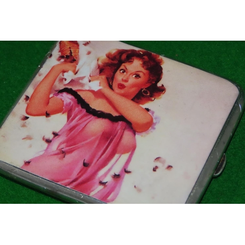 1085 - Silver Cigarette Case with Pin Up Decorated Enamel Cover