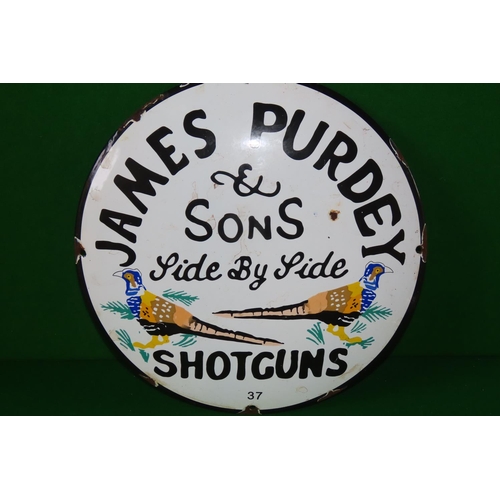 1089 - James Purdy and Sons Shot Gun Advertisement Enamel Sign Approximately 10 Inches Diameter