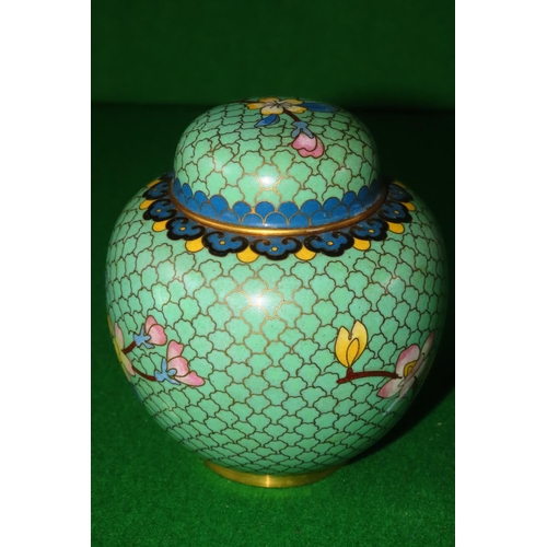 1099 - Oriental Cloisonne Decorated Vase with Original Cover floral Motifs Green Ground Approximately 9 Inc... 