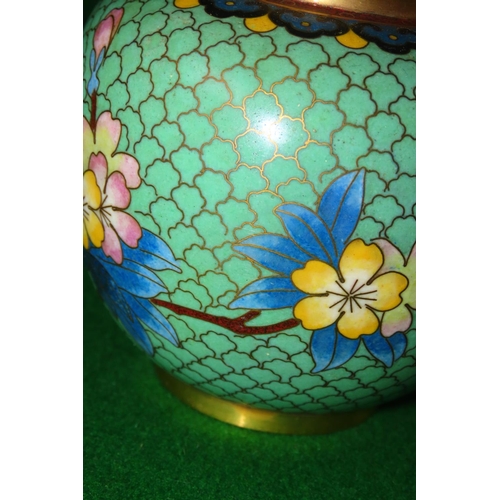 1099 - Oriental Cloisonne Decorated Vase with Original Cover floral Motifs Green Ground Approximately 9 Inc... 