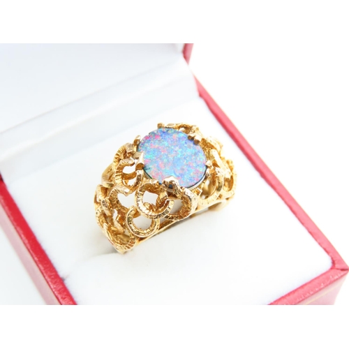 110 - Opal Centre Stone Ring Mounted on 9 Carat Yellow Gold Detailed Band Ring Size M