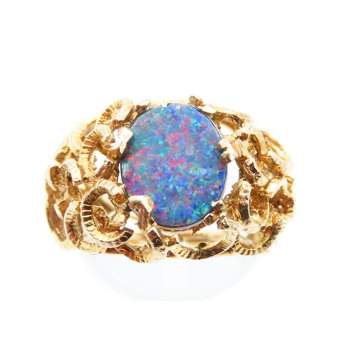 110 - Opal Centre Stone Ring Mounted on 9 Carat Yellow Gold Detailed Band Ring Size M