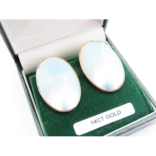 111 - Pair of Mother of Pearl Cabochon Cut 14 Carat Yellow Gold Earrings Clip-On Each 3.5cm High x 2cm Wid... 