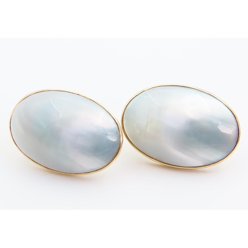 111 - Pair of Mother of Pearl Cabochon Cut 14 Carat Yellow Gold Earrings Clip-On Each 3.5cm High x 2cm Wid... 