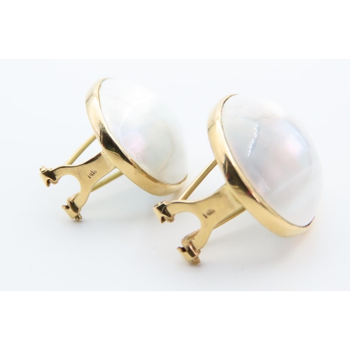 111 - Pair of Mother of Pearl Cabochon Cut 14 Carat Yellow Gold Earrings Clip-On Each 3.5cm High x 2cm Wid... 