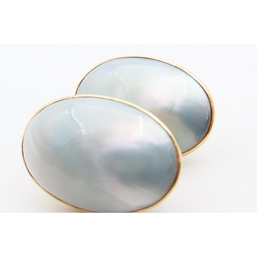 111 - Pair of Mother of Pearl Cabochon Cut 14 Carat Yellow Gold Earrings Clip-On Each 3.5cm High x 2cm Wid... 