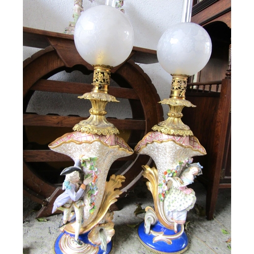 1110 - Fine Pair of Antique Continental Porcelain Lamps Figural Decoration with Globe Form Shades Engraved ... 