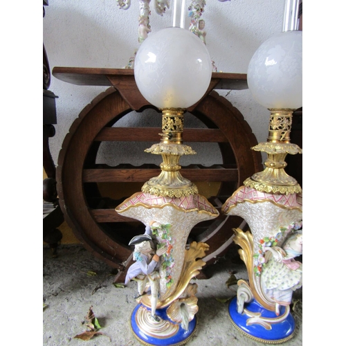 1110 - Fine Pair of Antique Continental Porcelain Lamps Figural Decoration with Globe Form Shades Engraved ... 