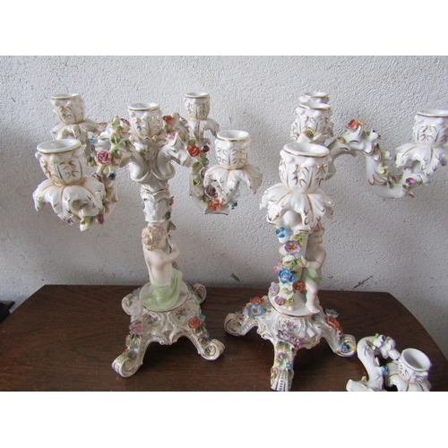 1111 - Pair of Antique Continental Porcelain Table Candelabras Each Five Sconces One Arm Damaged but Presen... 