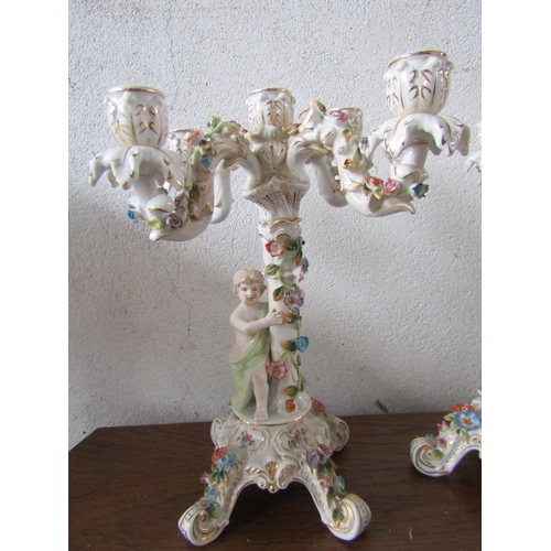 1111 - Pair of Antique Continental Porcelain Table Candelabras Each Five Sconces One Arm Damaged but Presen... 