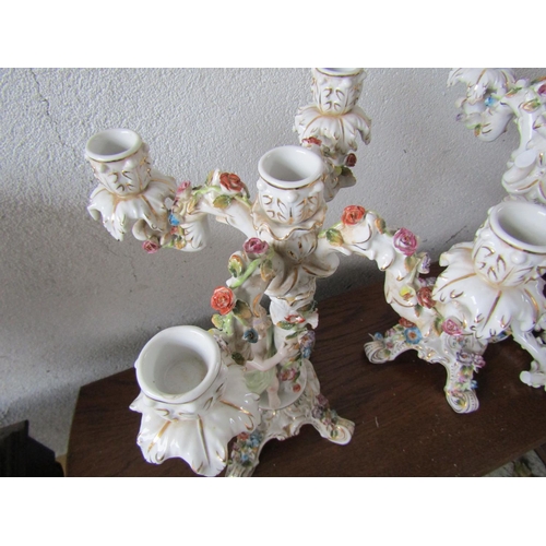 1111 - Pair of Antique Continental Porcelain Table Candelabras Each Five Sconces One Arm Damaged but Presen... 