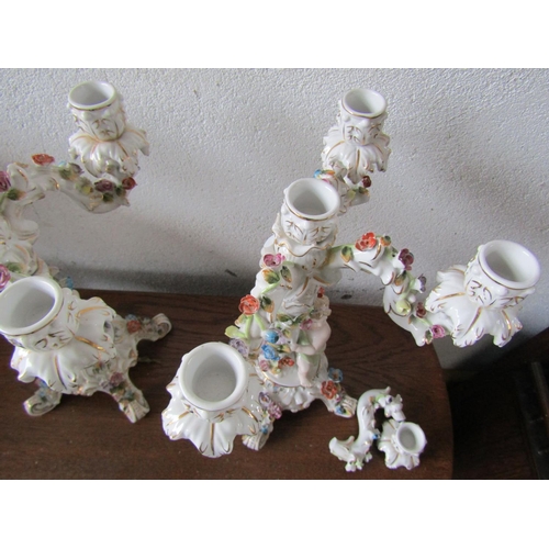 1111 - Pair of Antique Continental Porcelain Table Candelabras Each Five Sconces One Arm Damaged but Presen... 