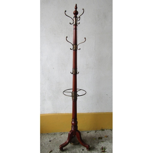 1112 - Mahogany Turned Column Brass Mounted Hat and Coat Rest with Umbrella and Stick Stand Original Brass ... 