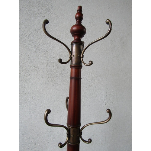 1112 - Mahogany Turned Column Brass Mounted Hat and Coat Rest with Umbrella and Stick Stand Original Brass ... 