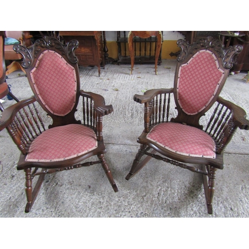 1116 - Pair of Antique Carved Mahogany Rocking Chairs Upholstered Seats and Back Rests Good Construction