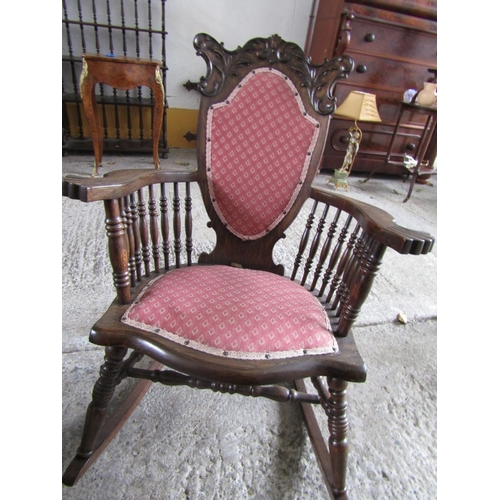 1116 - Pair of Antique Carved Mahogany Rocking Chairs Upholstered Seats and Back Rests Good Construction