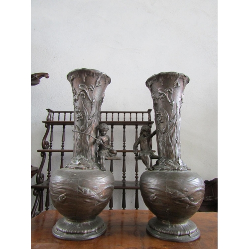 1121 - Pair of Antique Bronze Vases with Figural Decoration Attractively Detailed Each Approximately 14 Inc... 