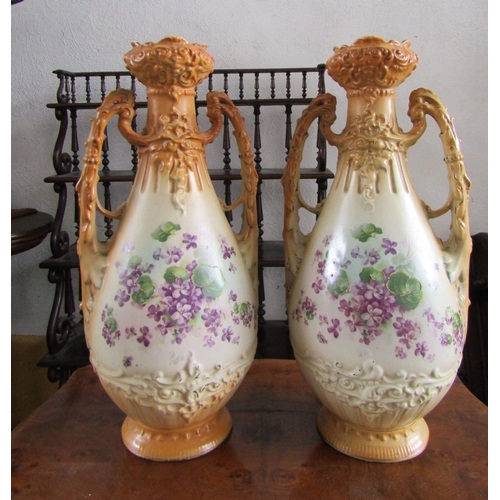 1122 - Pair of Victorian Shaped Form Vases Each Approximately 18 Inches High with Floral Motif Decoration