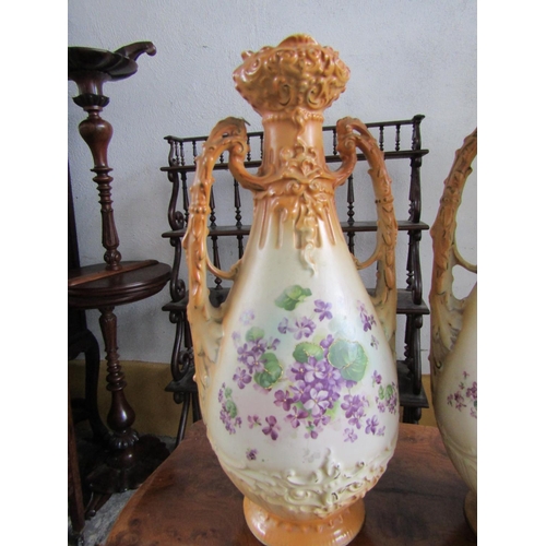 1122 - Pair of Victorian Shaped Form Vases Each Approximately 18 Inches High with Floral Motif Decoration